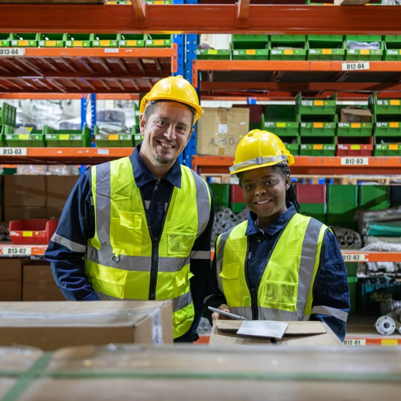 Store clerks inspect products, warehouses, industrial and logistics supply chains.